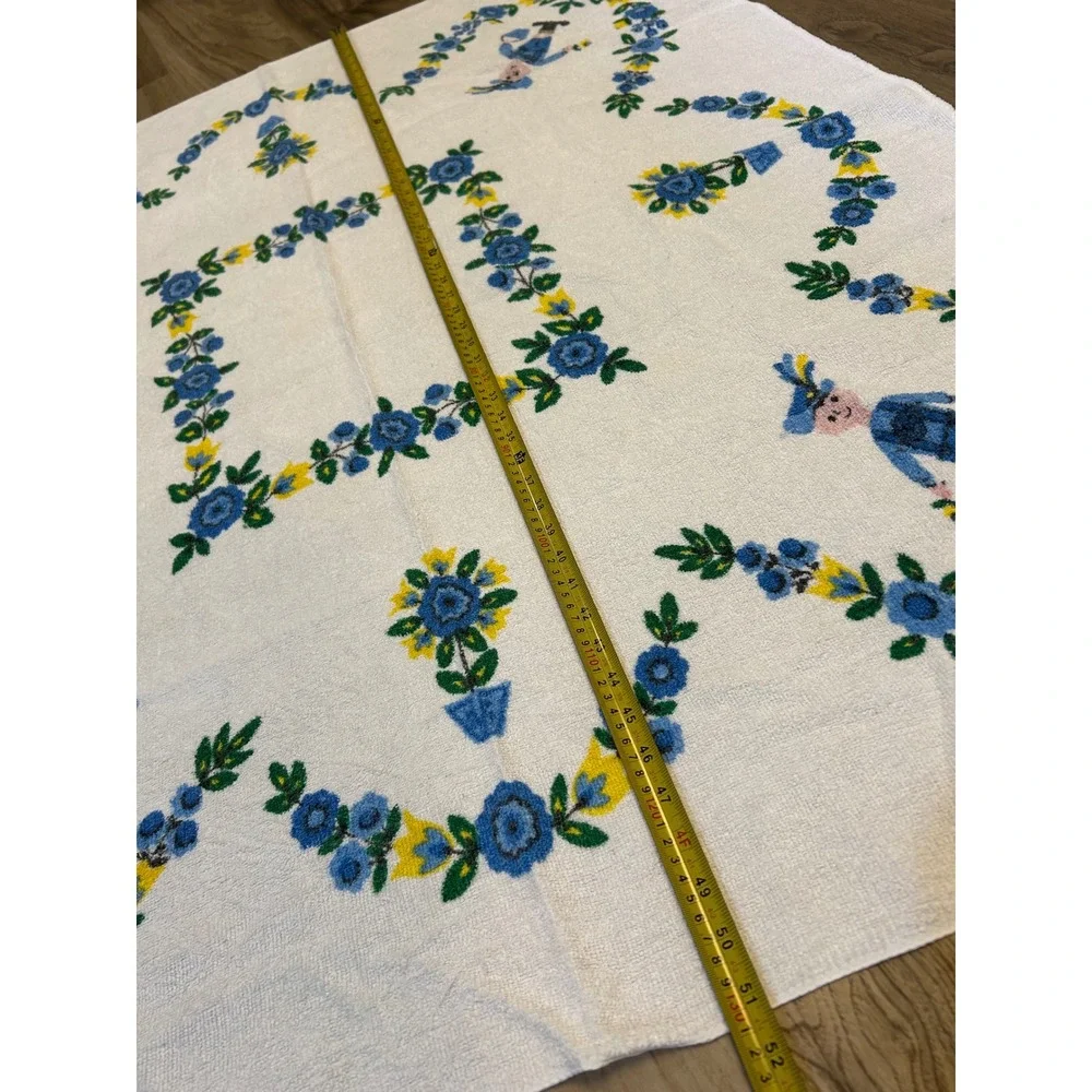 Vintage Folk Art‎ Lederhosen Boy Terry Cloth Tablecloth Floral Blue Yellow 51x46